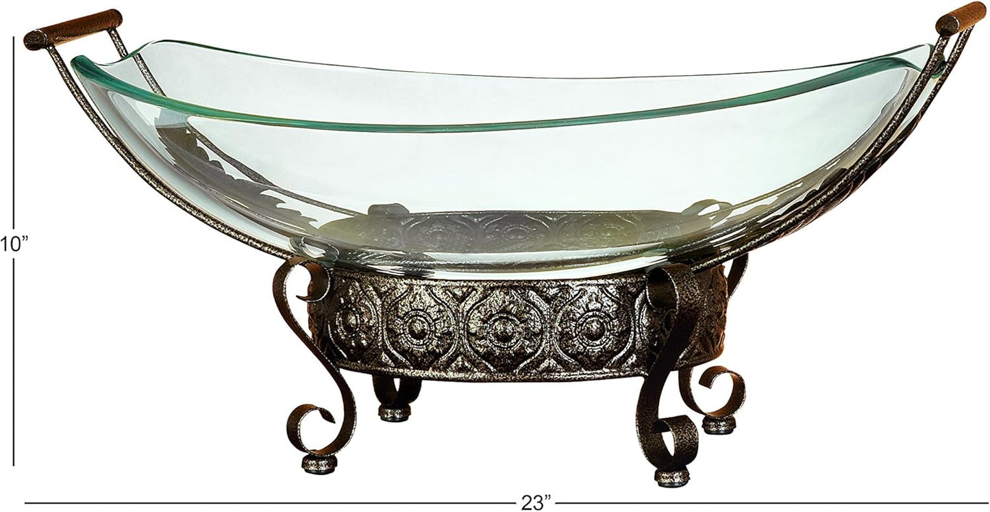 Deco 79 Tempered Glass Kitchen Serving Bowl with Brown Metal Scroll Base, 23" x 14" x 10", Clear, SMALL SIZE