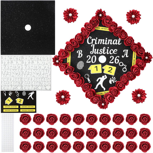 Dunzoom 39 Pcs Criminal Justice DIY Graduation Cap Decorations Set Grad Cap Topper Artificial Flowers Crime Scene-themed Number & Letter Stickers for Wreath Grad Hap Graduation Ceremony Party Supplies
