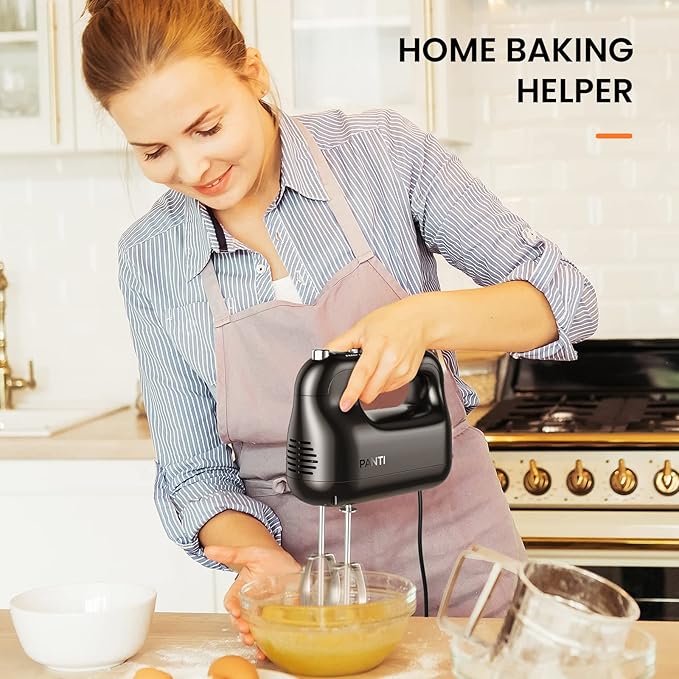 Hand Mixer Electric, PANTI Kitchen Handheld Small Mixer with Beaters and Whisk, 5 Dishwasher-safe Accessories, 5 Speeds & Eject Button, Portable Mixers for Easy Whipping Dough, Cake and Cream, HM3002