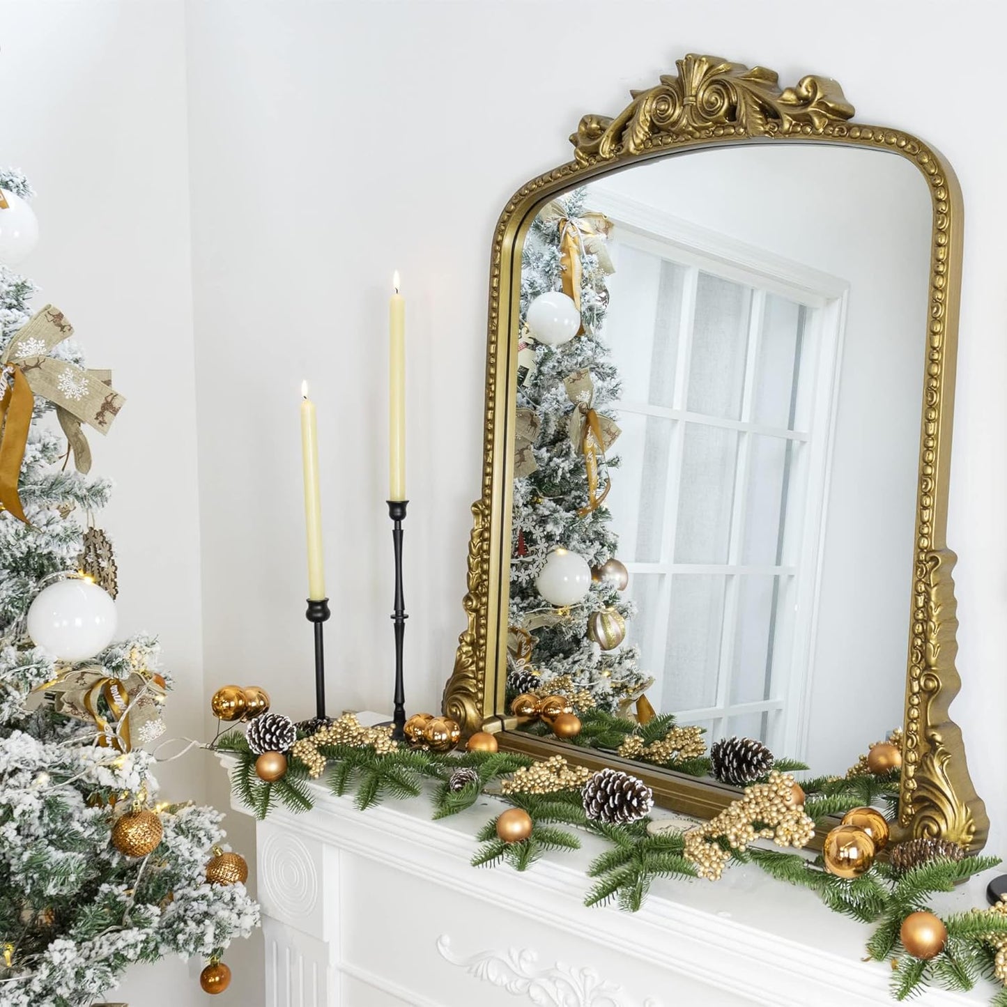 Antique Gold Ornate Mirror Arched Mantel Mirror Baroque Inspired Ornate Dresser Mirror, 30x34