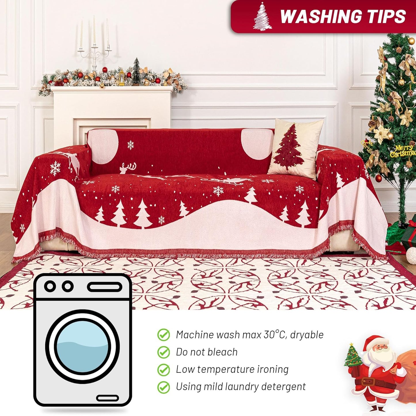 MYSKY HOME Sofa Cover Couch Covers for Sofa, Couch Sofa Covers for 3 Cushion Couch Sofa, Non Slip Soft Couch Sofa Cover, Couch Cover for Dogs Washable Furniture Protector, 71"x134", Christmas Red