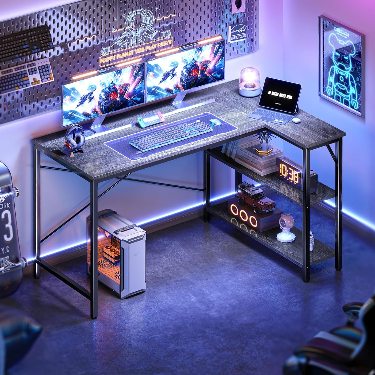 Huuger L Shaped Desk, 47 Inches Computer Desk with Reversible Storage Shelves, for Gaming Corner Home Office Writing Study, Metal Frame, Gray