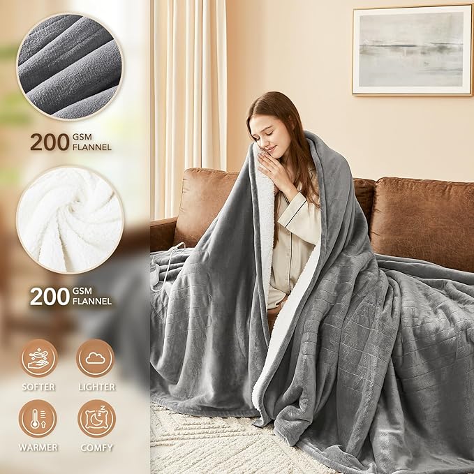 Homemate Heated Electric Blanket Queen Size - 84"x90" Heating Bed Blanket Throw with 10 Heating Levels 8 Hours Auto Off Fast Heating Over-Heat Protection Ultra Soft Flannel ETL Certified, Grey