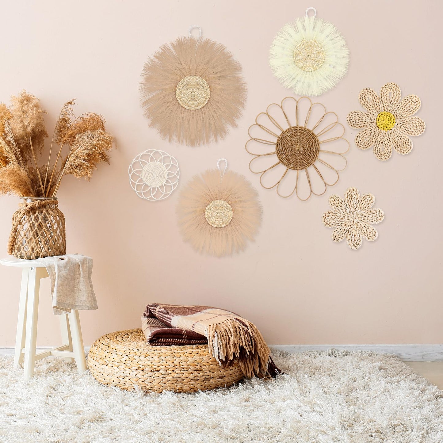 Chunful 7 Pcs Boho Wall Basket Decor Rattan Flower Wall Decor Nursery Daisy Flower Woven Macrame Hanging Flowers for Baby Kids Girls Farmhouse Bedrooms Living Rooms Kitchen Home(Light Beige Yellow)