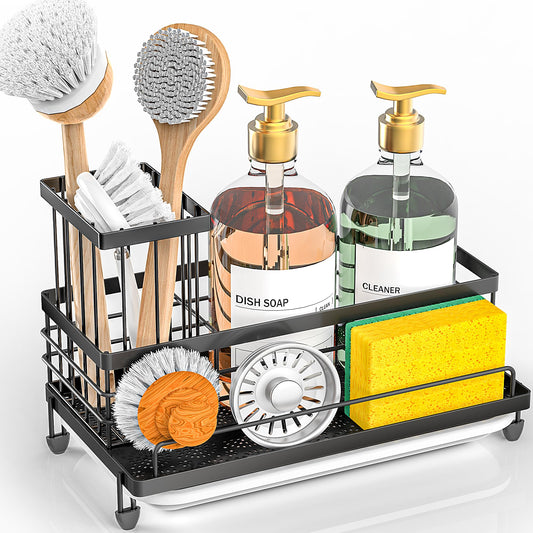 Cisily Large Capacity Kitchen Sink Caddy Organizer, Rustproof Non-Slip Sponge Holder With Dish Brush Holder Organizer, Kitchen Organization and Storage, Essentials Accessories for Countertop