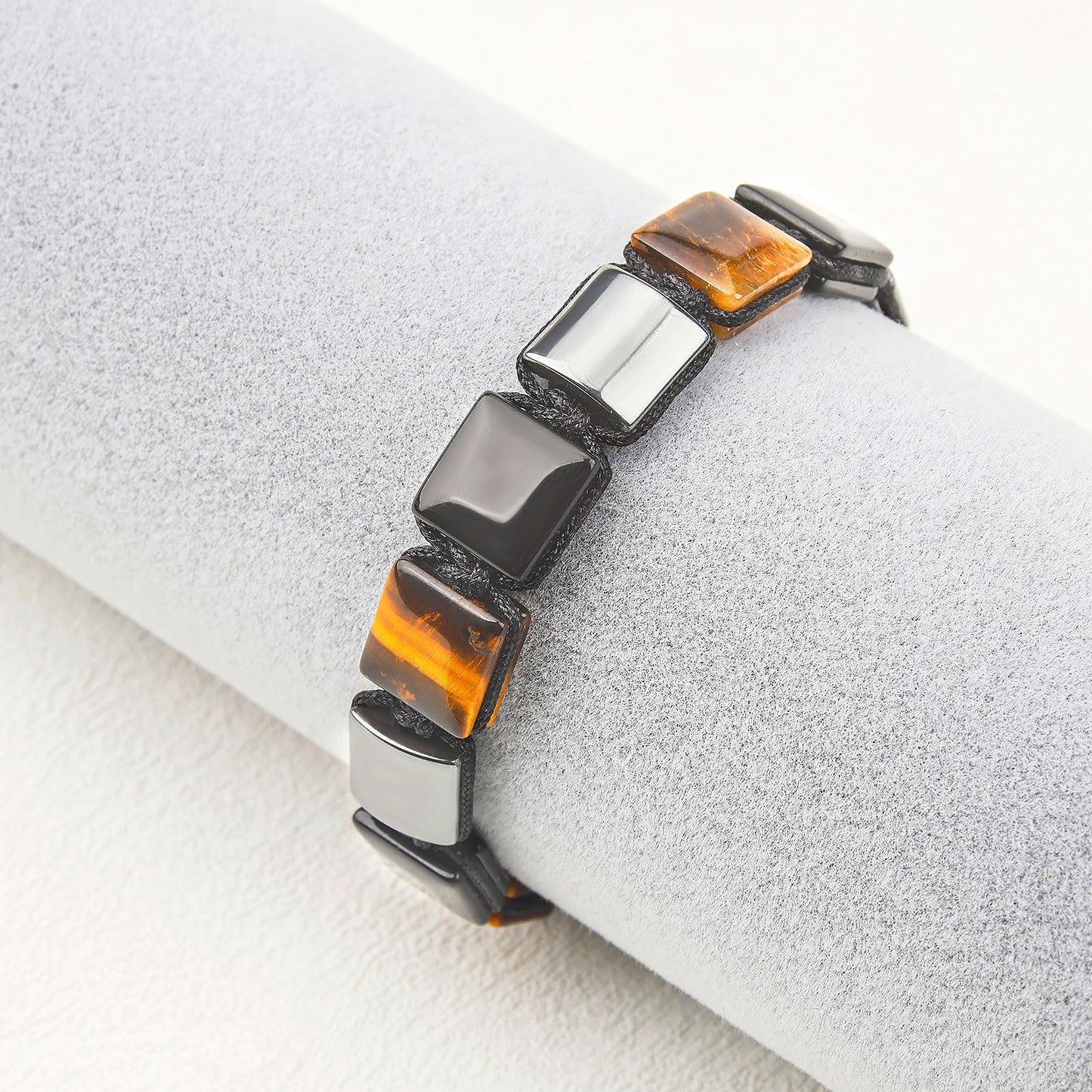 BOPOW Triple Protection Unisex Adjustable Bracelet - Handmade with Authentic Tiger Eye, Obsidian & Hematite - Square Healing Crystal Bead Bracelet