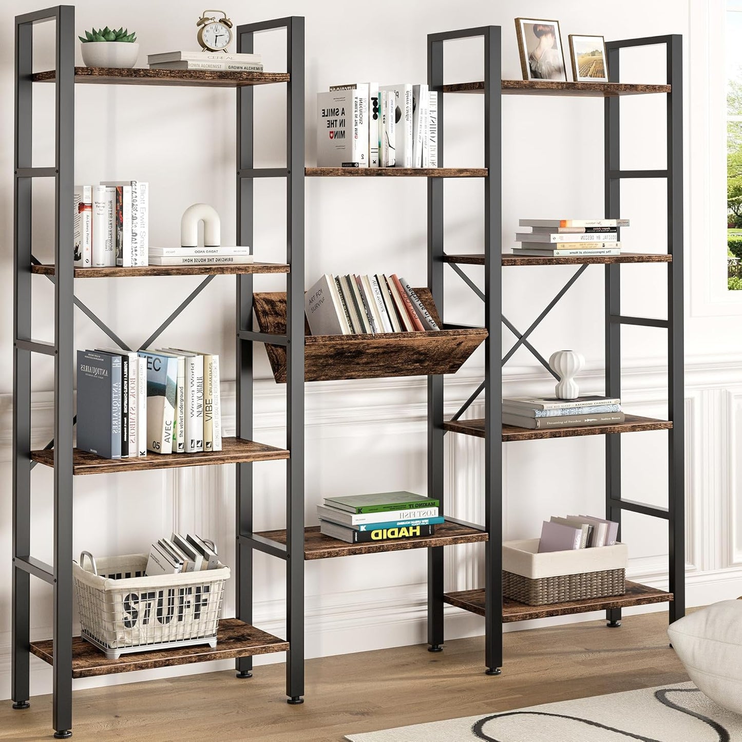 Shintenchi Industrial Bookcase,71.6” Triple 4 Tier Bookshelf with 11 Open Display Shelves,Large Etagere Bookshelf Open Record Player Shelves,Wide Book Shelf Book Case for Home & Office,Rustic Brown