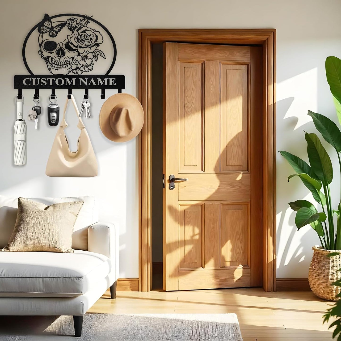 Personalized Key Holder for Wall - Coat Rack Wall Mount with Skeleton & Rose Flower Design, Metal Key Organizer with Hooks, Skull Wall Decor for Bedroom Living Room Entryway, Personalized Gift