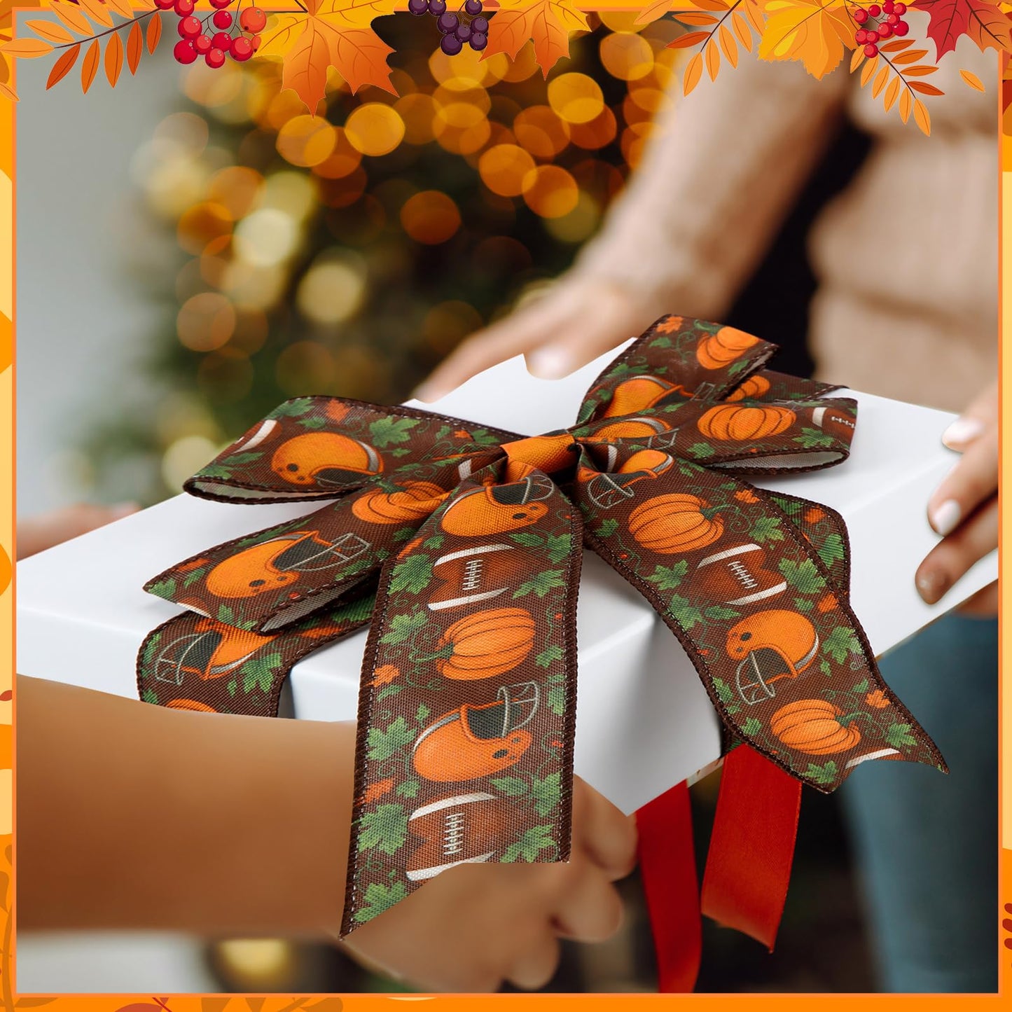 Vincreem 12 Rolls Fall Football Wired Edge Ribbon for Wreaths 2 Inch x 60 Yards Maple Leaves Pumpkin Football Print Ribbon Crafts for Thanksgiving Harvest Party Decorative Supplies, 12 Styles