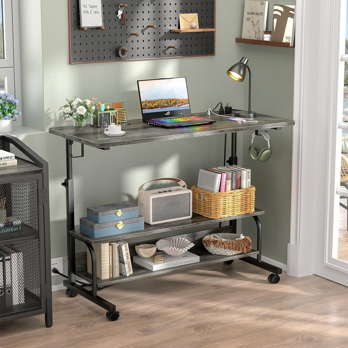 39" Height Adjustable Standing Desk with Power Outlets - Manual Rolling Stand Up Desk with Wheels Small Portable Computer Desk Mobile Laptop Table with Storage Shelves for Home Office, Grey Oak