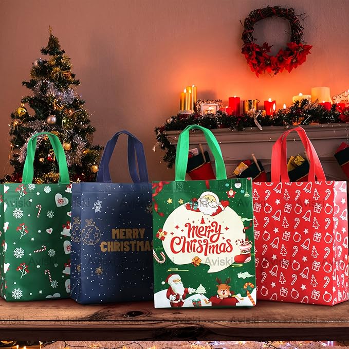 4 PACK Christmas Gift Tote Treat Bags with Handles, Multifunctional Non-Woven Christmas Bags for Gifts Wrapping Shopping, Xmas Party Supplies, 12.2"×9.8"×4.53"