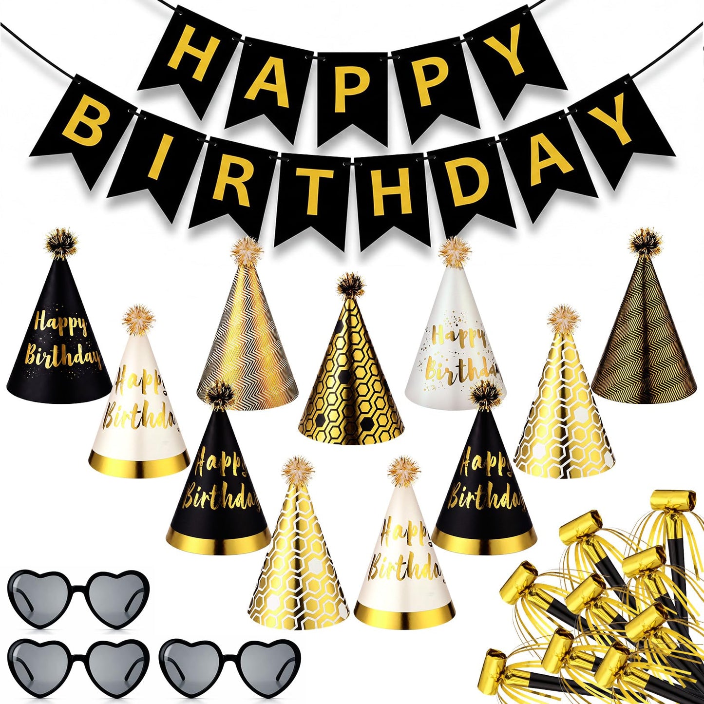 Patelai 25 Pcs Black and Gold Birthday Party Set: 1 black and gold Banner, 3 Glasses, 10 Whistles, 11 Cone Hats for Birthday Party Decoration