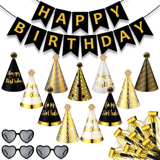 Patelai 25 Pcs Black and Gold Birthday Party Set: 1 black and gold Banner, 3 Glasses, 10 Whistles, 11 Cone Hats for Birthday Party Decoration