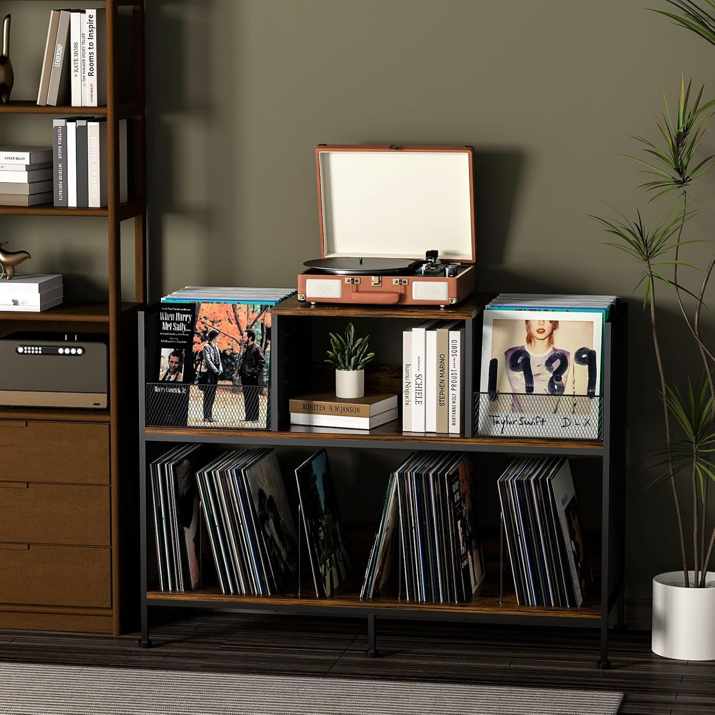 Large Vintage Record Player Table with 4 Adjustable Dividers, Vinyl Record Storage Cabinet for Up to 350 Albums, Medieval Turntable Stand for Living Room, Bedroom (Patent Pending)