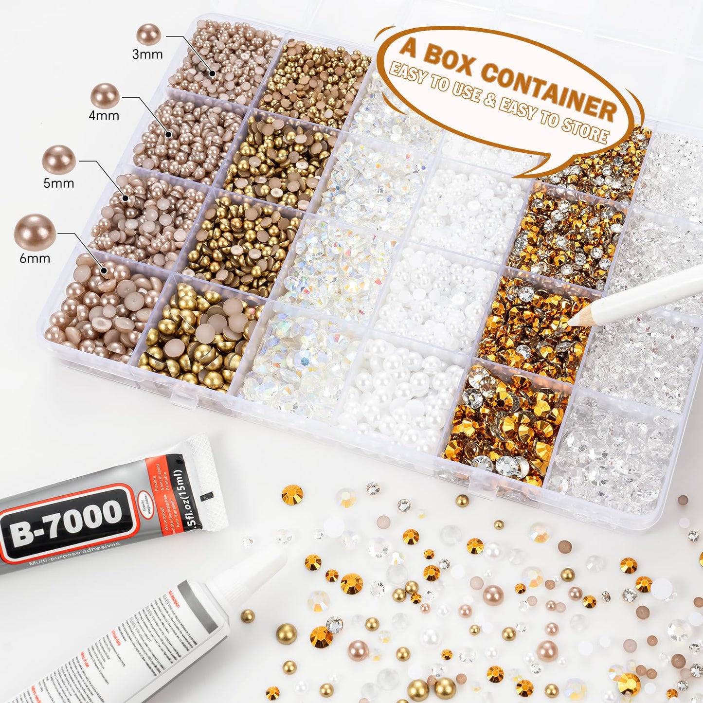 14400PCS Flatback Rhinestones Half Pearls for Crafts, Champagne Gold Resin Rhinestones Mixed Size 3mm-6mm, Flat Back Rhinestones for Bedazzling DIY Shoes Clothes with 2pcs B7000 Glue