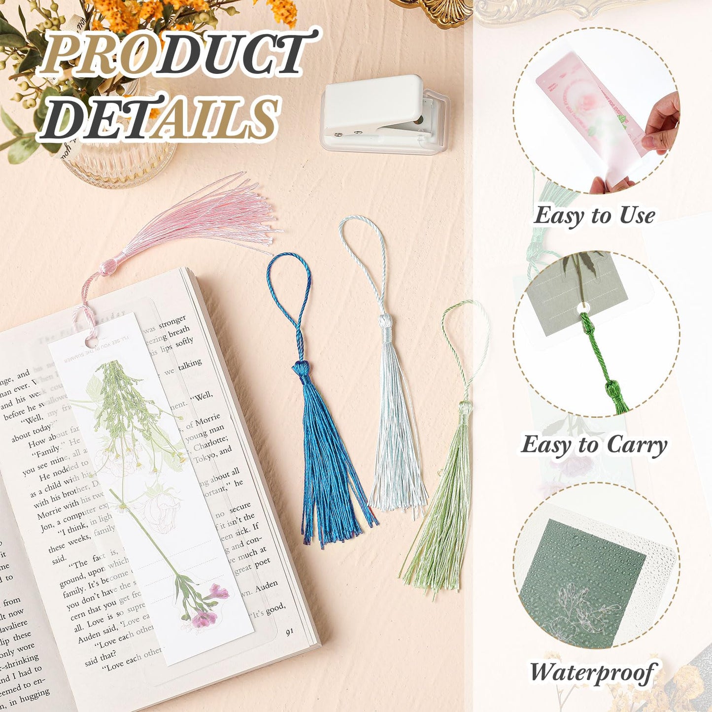 Fuyoooo 301 Pcs DIY Bookmark Making Kit 150 Bookmark Laminating Pouches 5 Mil Hot Laminator Sleeves with 150 Tassels and Puncher Fit Most Pouch Laminating Machines (Dark Color,2.36 x 6.3 Inches)