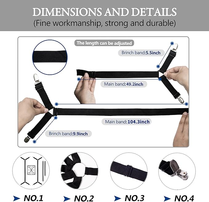 Bed Sheet Straps,Adjustable Elastic Sheet Fasteners,Secure Mattresses Covers Keeper with Fitted Sheet Holders and Metal Clips,Ensuring Sheets Stay in Place（4pcs Black）