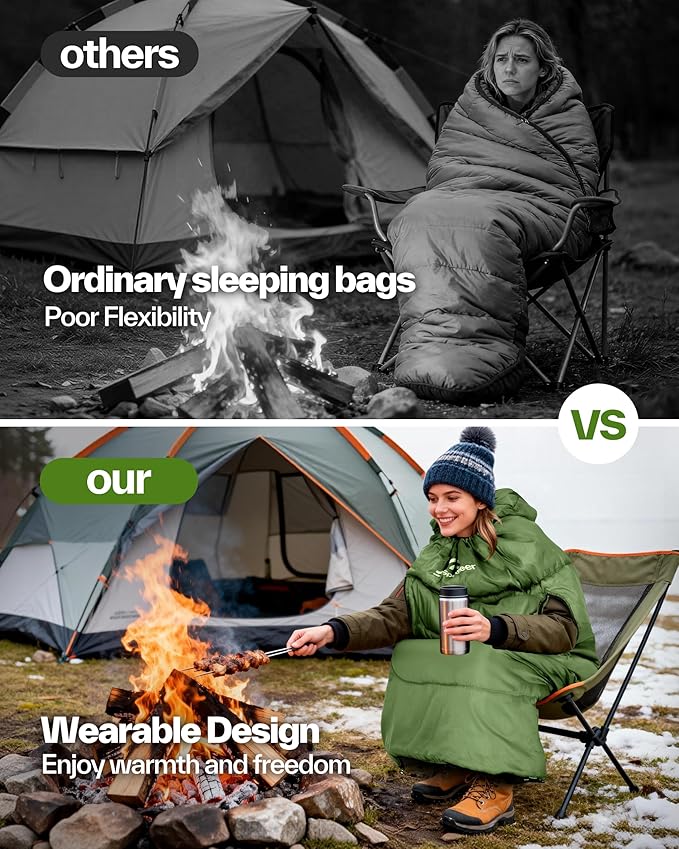 Sportneer 0 Degree Wearable Sleeping Bag for Adults & Kids – Walkable with Arm Zippers, Waterproof & Warm, Compact for Camping, Stadiums, Travel, Backpacking & Car Use