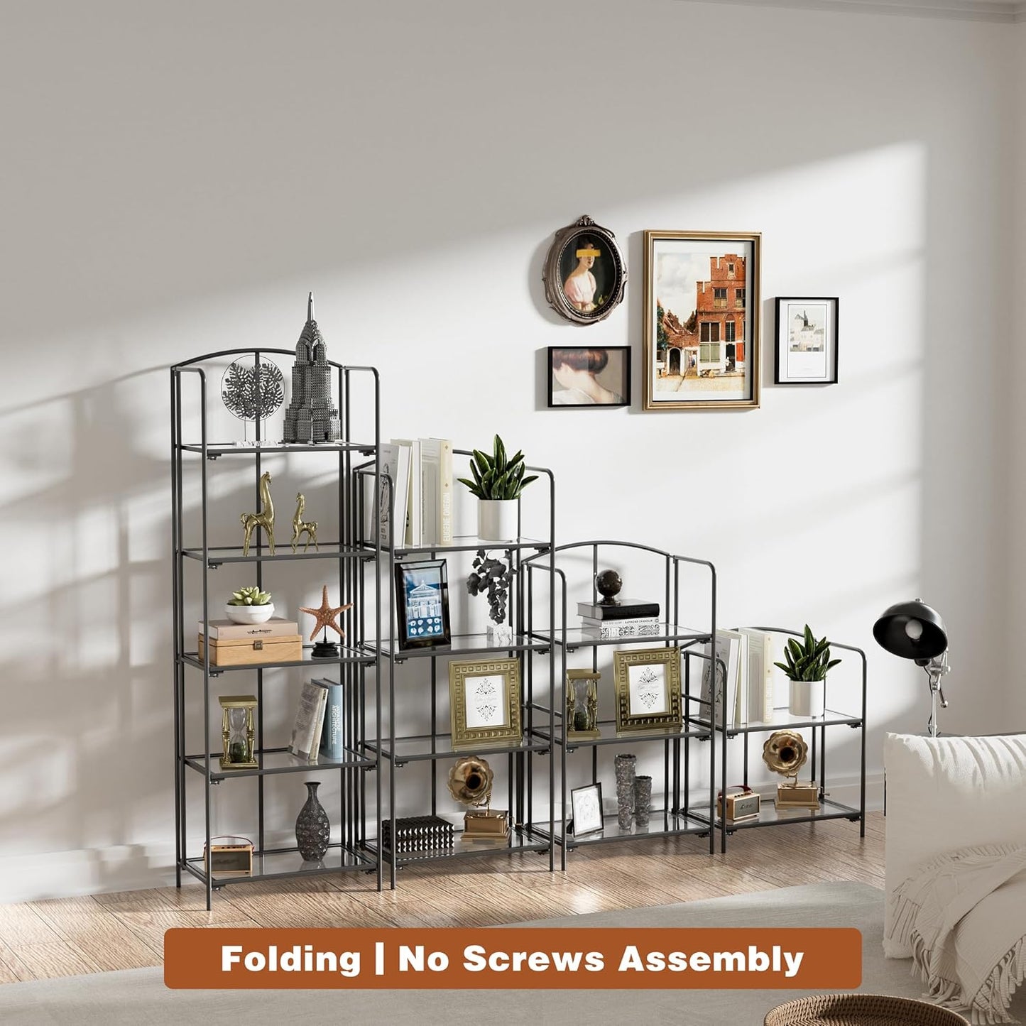 Crofy No Assembly Folding Bookshelf for Living Room, 3 Tier Black Collapsible Book Shelf for Home Office, Portable Bookcase Storage Organizer