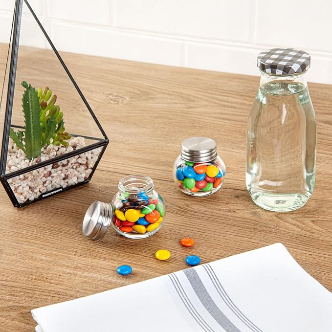 Restaurantware Vetri 2 Ounce Mini Favor Jars, 10 Durable Candy Jars - With Wide Spout, Chrome Lid, Clear Glass Candy Jars, Dishwashable