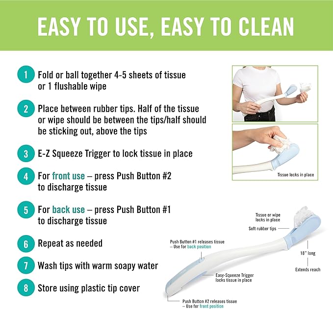 Juvo Toilet Aid - Personal Bottom Wiping Tool, Bathroom Mobility Aid for Disabled, Elderly, and Surgery Recovery - 18" long wand with hygienic cover