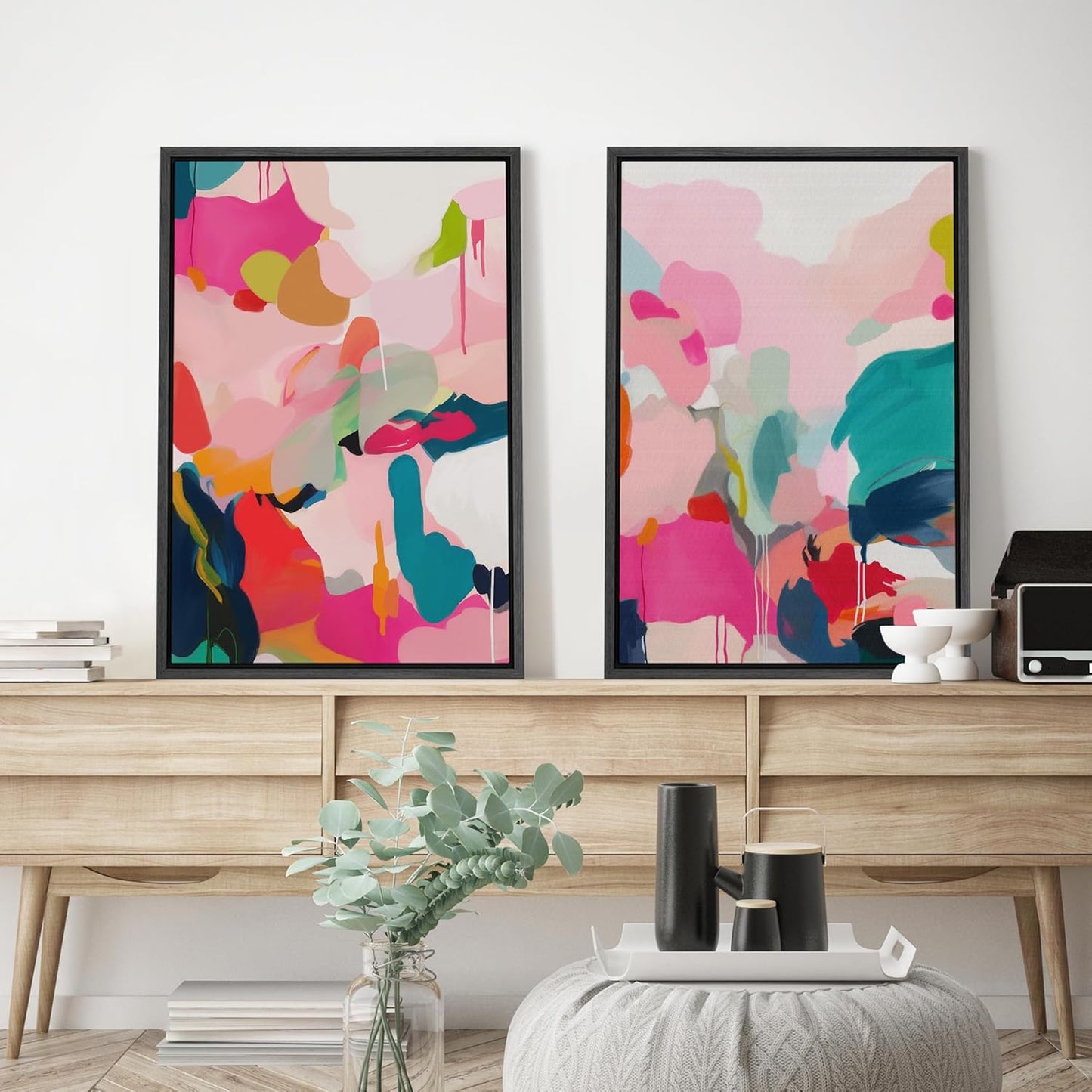 SIGNWIN Framed Canvas Print Wall Art Colorful Abstract Vibrant Pink and Blue Drip Illustrations Modern Art Decorative Contemporary for Living Room, Bedroom, Office - 16"x24"x2 Black