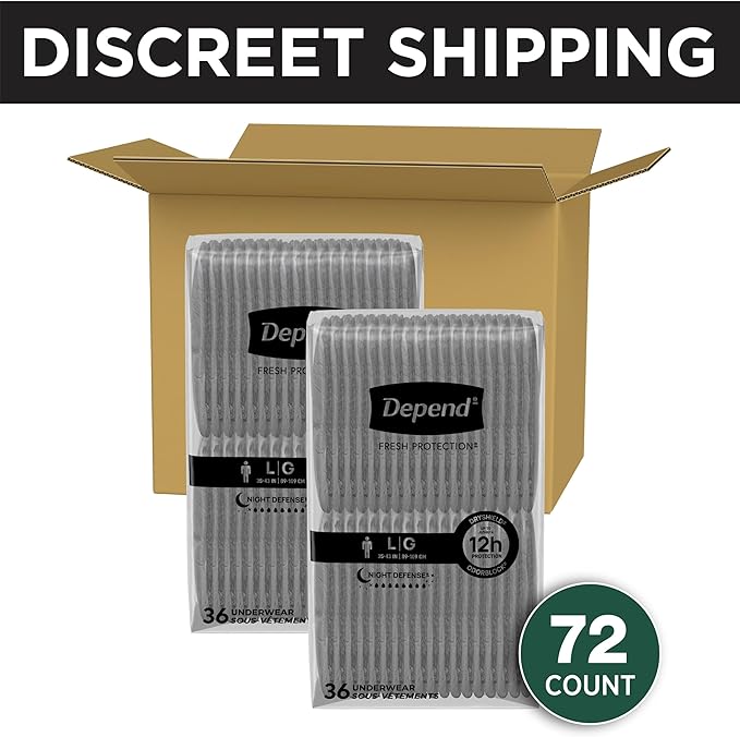 Depend Night Defense Adult Diapers, Incontinence Underwear for Men, Disposable, Overnight, Large, Grey, 72 Count, Packaging May Vary