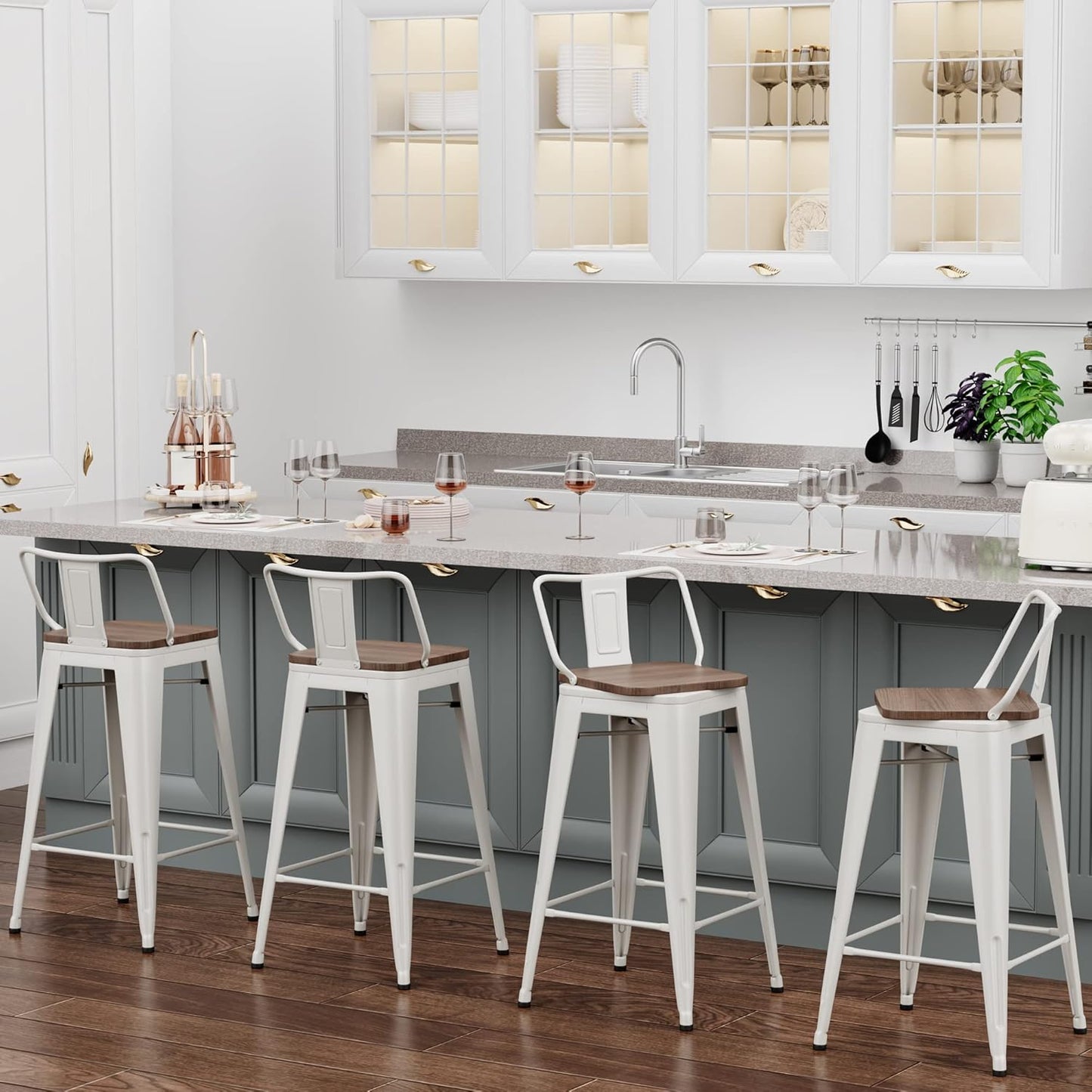 26 Inch Swivel Bar Stools Set of 4 with Backs Counter Height Industrial Metal Barstools Island Bar Chairs for Home Kitchen Dining Room (Swivel 26 inch, White Wooden)