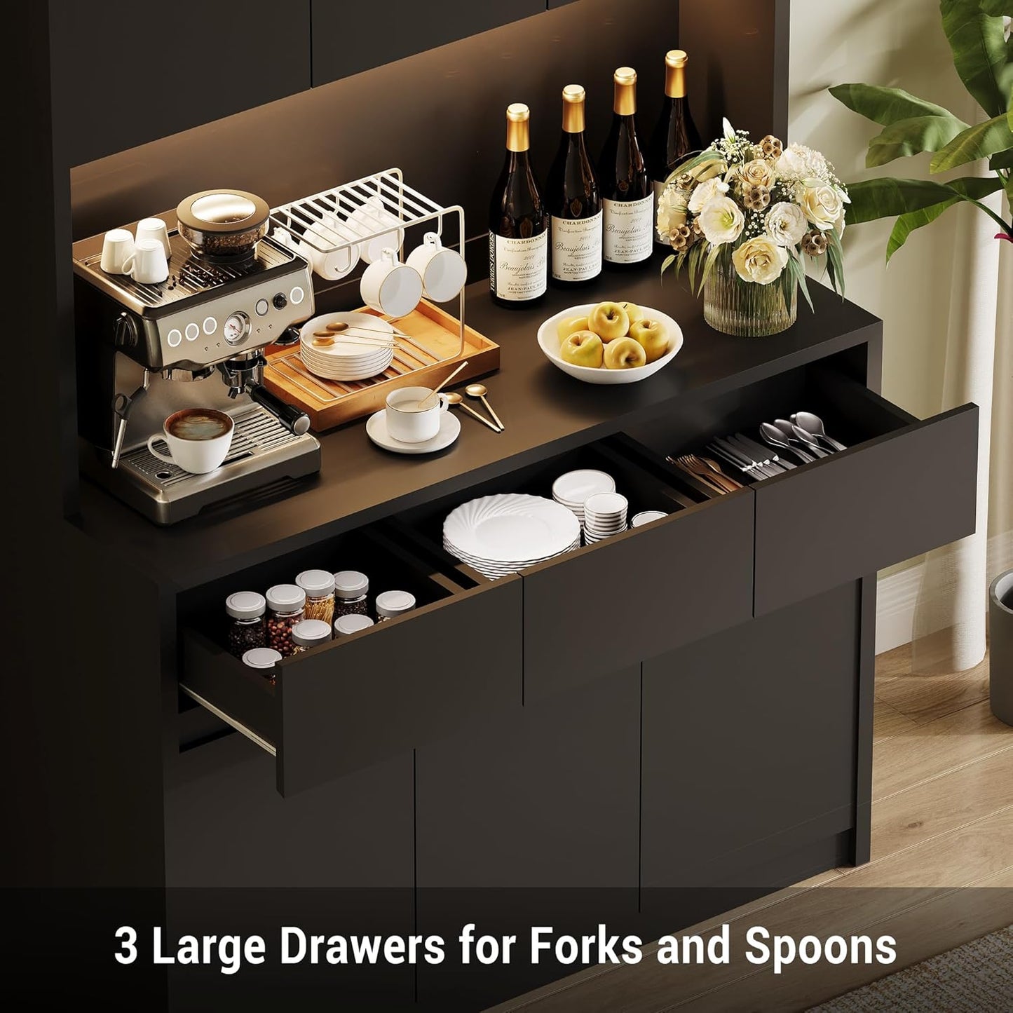 Garvee Kitchen Pantry Storage Cabinet, Tall Storage Cabinet with Doors and Shelves, Kitchen Storage Hutch with Microwave Stand, Led Lights and Charging Station,Corner Pantry Cabinet,Black