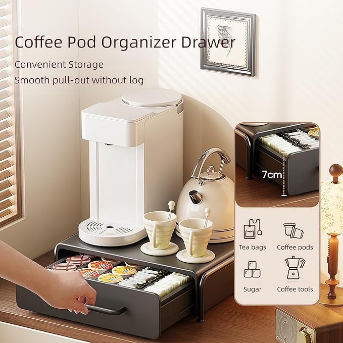 Coffee Pod Organizer Storage Drawer with Slider Tray Cups Holder Countertop Coffee Machine Stand, Metal, 12.99"L * 13.78"W * 3.35"H, Black