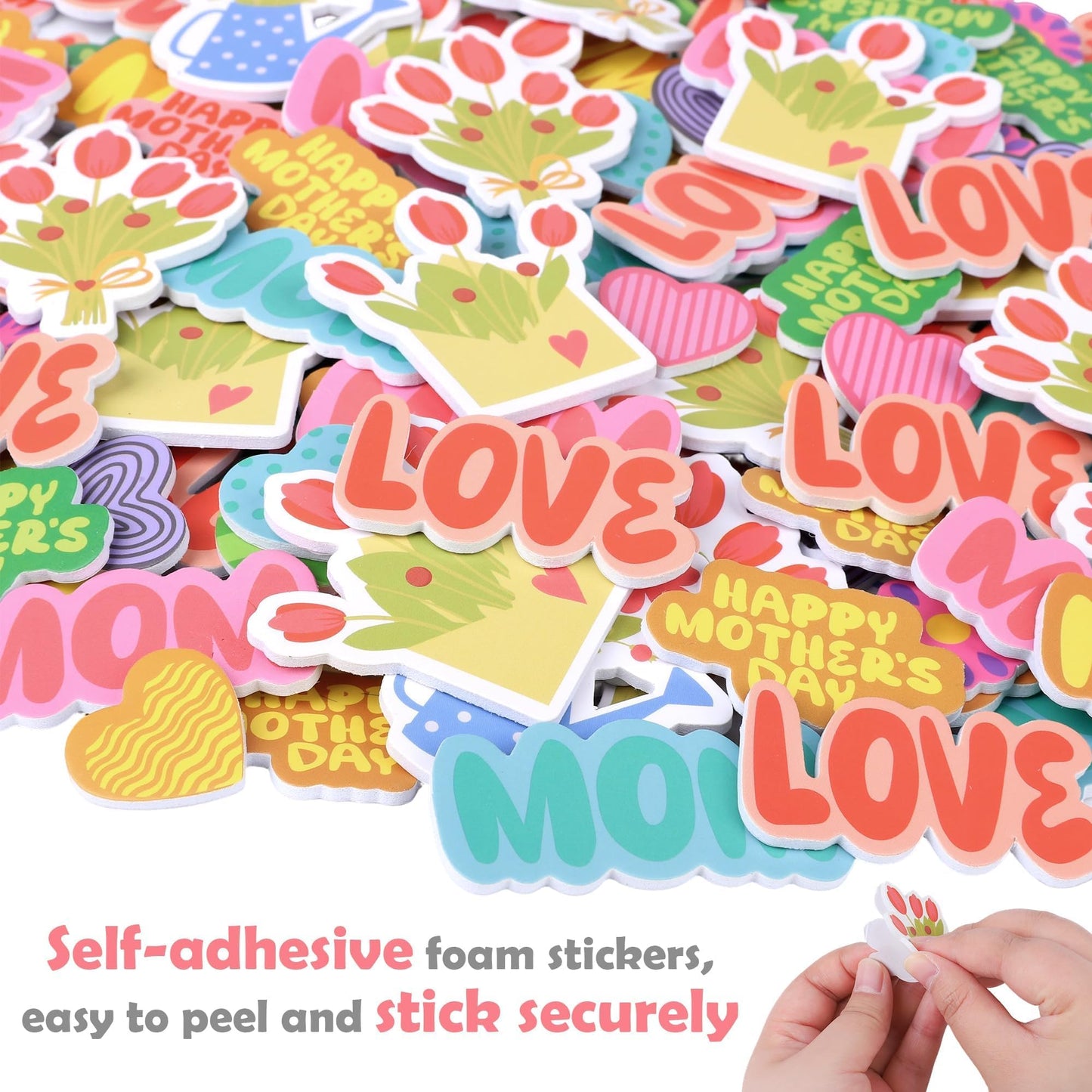 Fovths 400 Pieces Mother's Day Foam Stickers, Hearts Flowers Envelopes Dots Mom Adhesive Craft Stickers, DIY Craft Decorations Party Supplies for Happy Mother’s Day Party Decoration Cards DIY Crafts