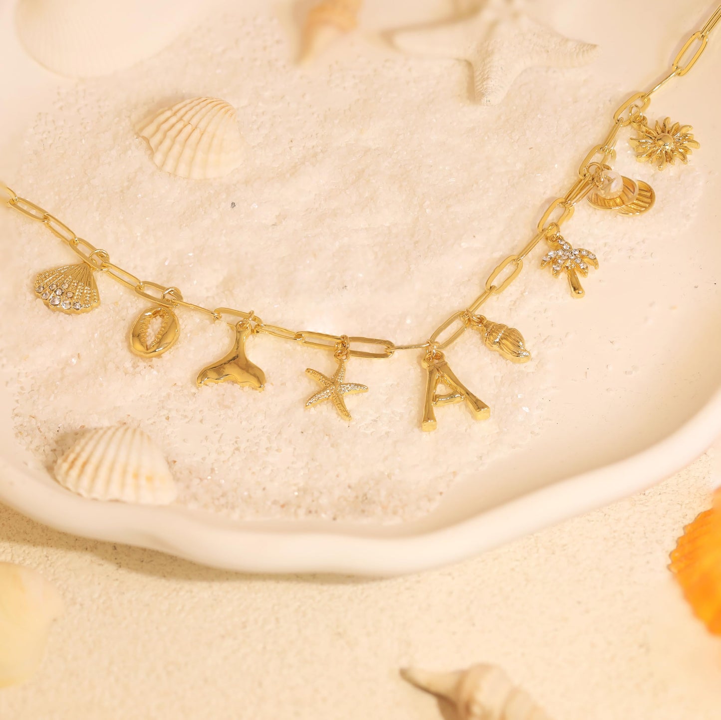JALZEMPL Initial Charm Necklaces For Women Shell Letter Paperclip Chain Seashell Starfish Beach Summer Pendant Boho Surfer 14K Gold Plated Jewelry Gift (F)