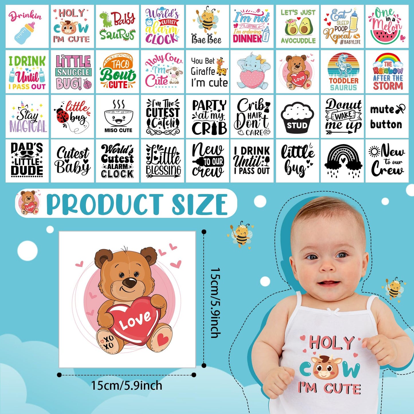 Teling 36 Pcs Iron on Decals Baby Shower Games Iron on Transfers Stickers Patches Baby Bodysuit Making Bibs Decorating Kit Patch Maker for Gender Reveal T Shirt(Cute)