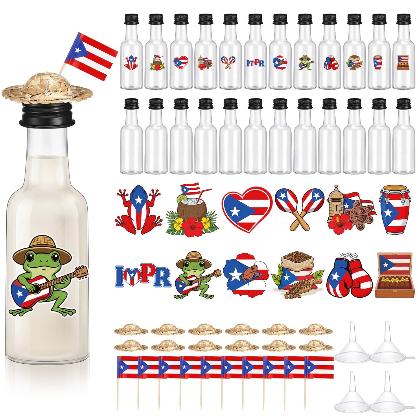 Gandeer 24 Sets Mini Puerto Rico Coquito Swing Top Bottle Plastic Wine Bottles with Airtight Cap Puerto Rico Stickers Mini Hats and Flags Convenient Funnels for Homemade Brewing Beverages Liqueur