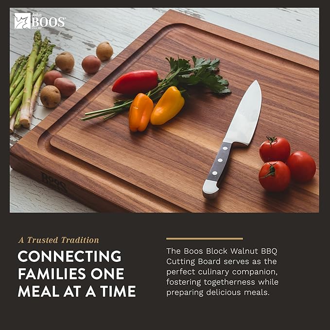 John Boos BBQ Series Rectangular Wooden Walnut Cutting Board 17”x21” – 1.5” Thick, 7-lb Reversible Butcher Block with Juice Groove, Edge-Grain, Finger Grips & Care & Maintenance Pack – Made in the USA