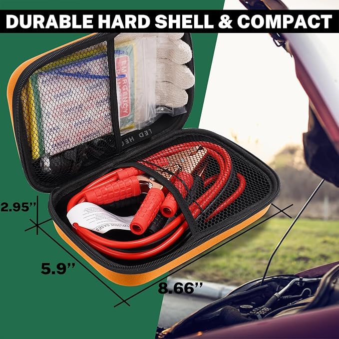 Car Roadside Emergency Kit with Battery Jumper Cables,Car Accessories for Men or Women,Automotive Safety Kit for Car,Vehicle, Truck or SUV,Gifts for Men or Him, Orange