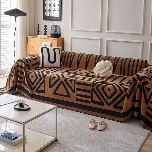 HANDONTIME Boho Geometric Couch Covers for Sofa Pet Friendly Brown and Black Sofa Covers Washable Chenille Couch Blanket Cover for 1 2 Cushion Couches Pet Protector Furniture Cover Soft, 71" X 102"