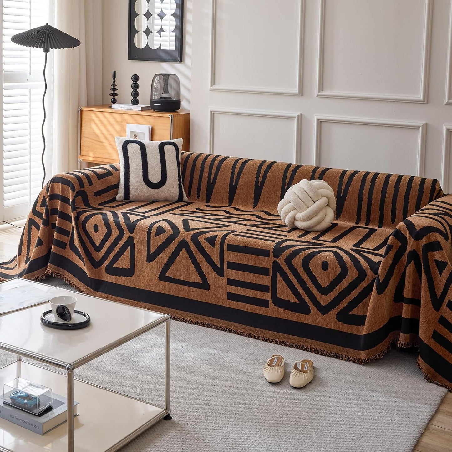 HANDONTIME Boho Geometric Couch Covers for Sofa Pet Friendly Brown and Black Sofa Covers Washable Chenille Couch Blanket Cover for 2 3 Cushion Couches Pet Protector Furniture Cover Soft, 71" X 118"