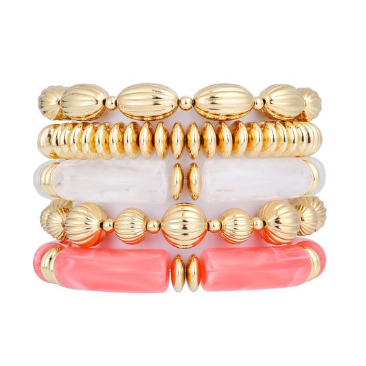 RISHEGAE Chunky Bangle Bracelets for Women Stackable Resin Bamboo Tube Bracelet Stretch Gold Beaded Bracelets Summer Beach Surfer Bracelets Gift Jewelry