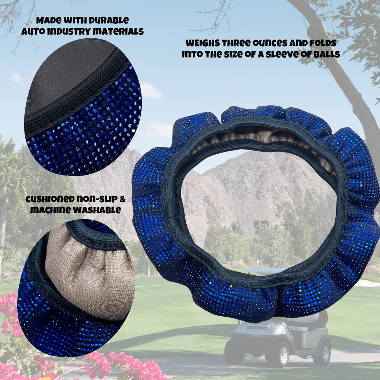 Universal Colorful Bling Crystal Diamond Rhinestones Golf Cart Steering Wheel Cover fits Club Car, Yahama, EZGO, Anti Slip Cover Easy to Install, Great Gifts for Golfer Women Womens (Blue Diamond)