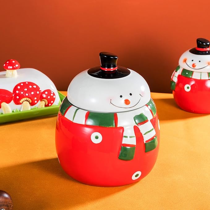 Christmas Snowman Ceramic Cookie Jar – Large Holiday Treat Storage Container with Lid – Festive Kitchen Countertop Decoration