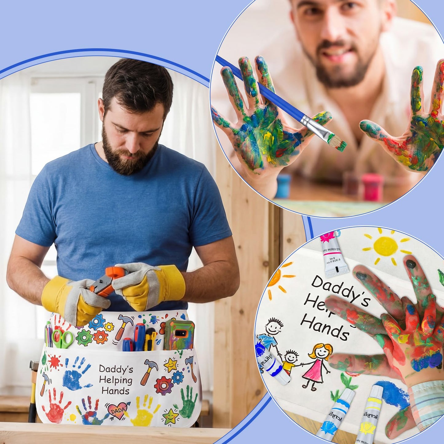 Cotwinter 10 Set Father's Day Handprint Kit DIY Waist Half Apron with Acrylic Paints and Brushes Fathers Day Personalized Handprint Gifts Family Sign Keepsake for Grandpa Daddy Papa Birthday Gifts