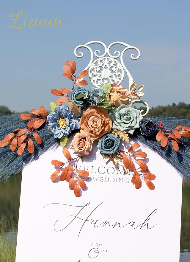 Wedding Arch Flowers, Artificial Floral Decor for Wedding Ceremony & Reception, Standard Size Large Flower Swag Set for Backdrop & Welcome Sign, Pack of 2 (Blue Coffee Pampas)