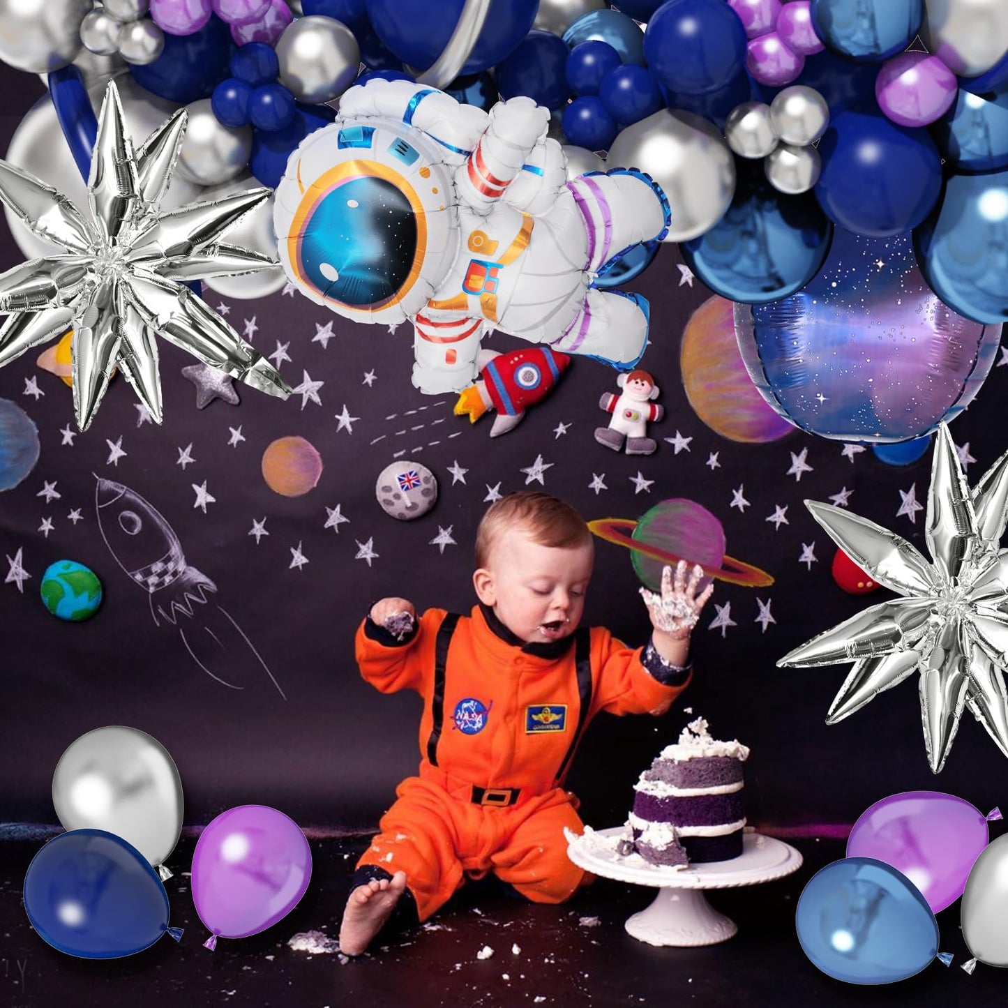 Amandir139pcs Space Balloon Garland Arch Kit Outer Space Birthday Decorations with Blue Purple Silver Galaxy Astronaut Foil Balloons for Boys Themed Birthday Party Decoration Supplies