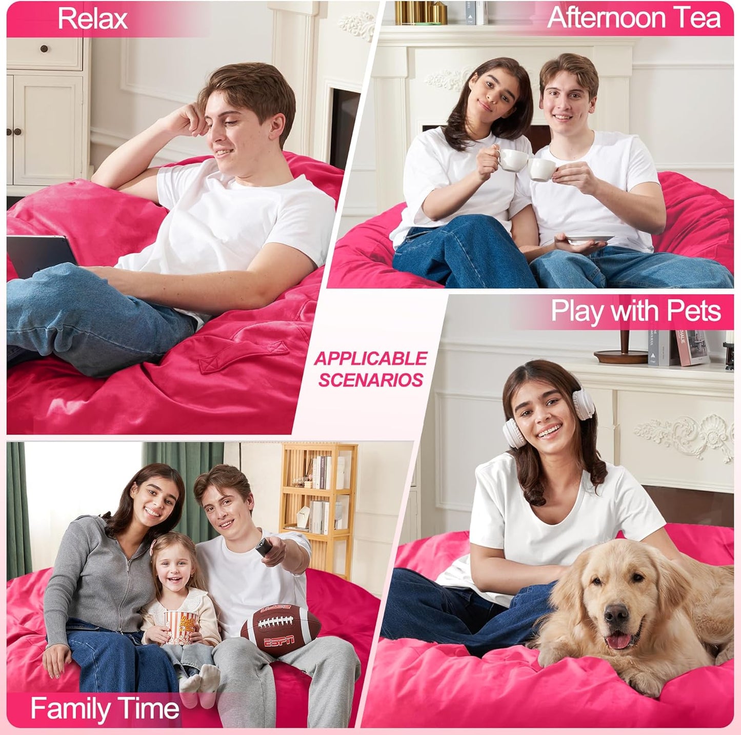 Homguava 6 FT Bean Bag Chair: 6' Bean Bags with Memory Foam Filled, Large Beanbag Chairs Soft Sofa with Dutch Velvet Cover-Pink
