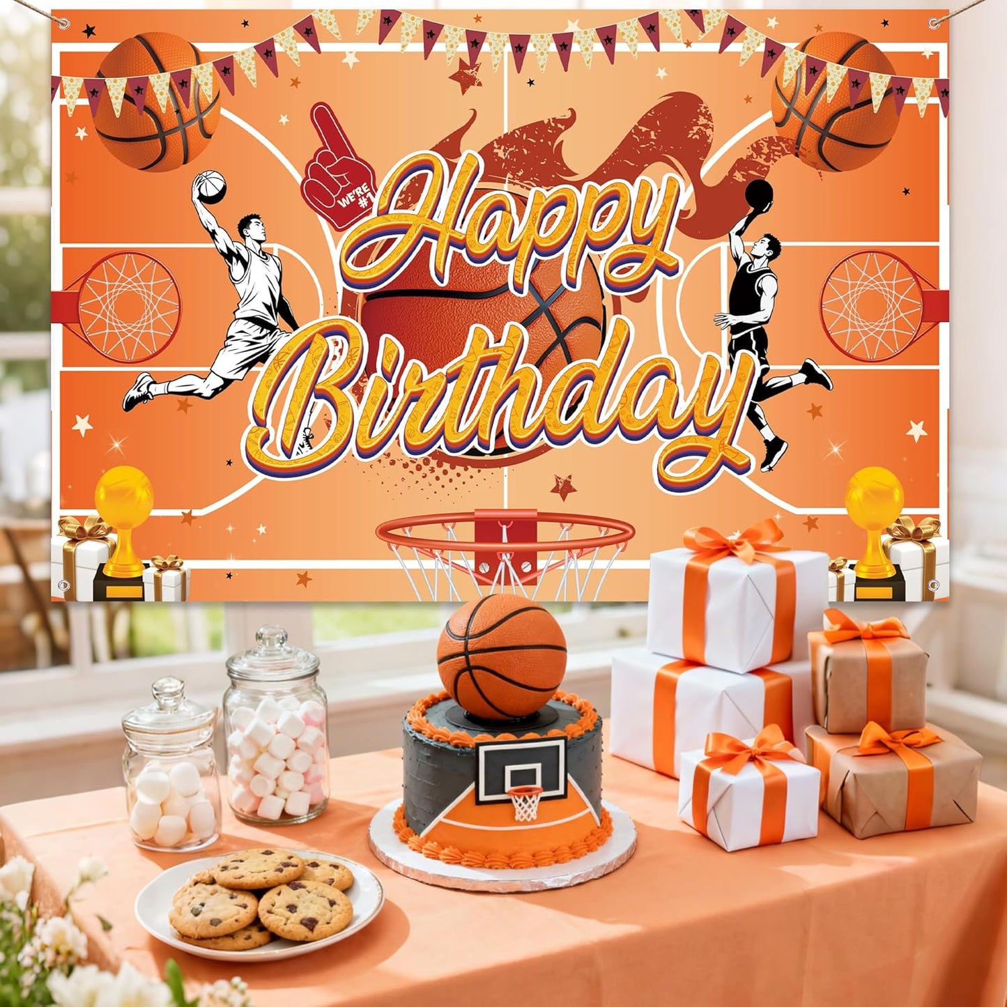 Basketball Happy Birthday Backdrop Banner - Sports Theme Party Decorations with Happy Birthday Sign, Large Vinyl Photo Background for Basketball Party Teens Adults, 7x5 FT (71x43 Inch)