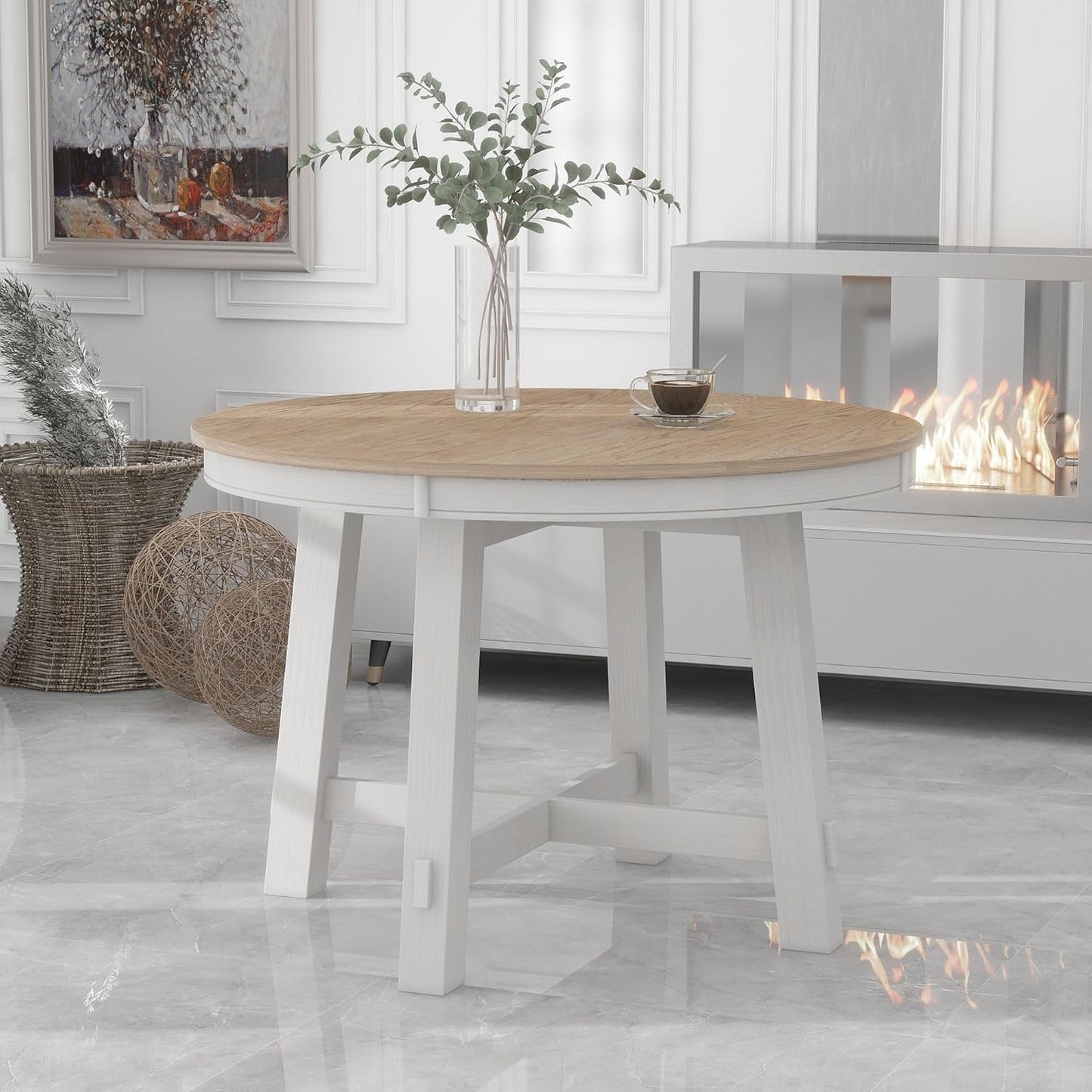 Farmhouse Round Dining Table for 4, Extendable Circle to Oval Wooden Tabletop for 6 with 16" Removable Leaf, X-Shape Trestle Base for Home, Kitchen, Dining/Living Room, Apartment