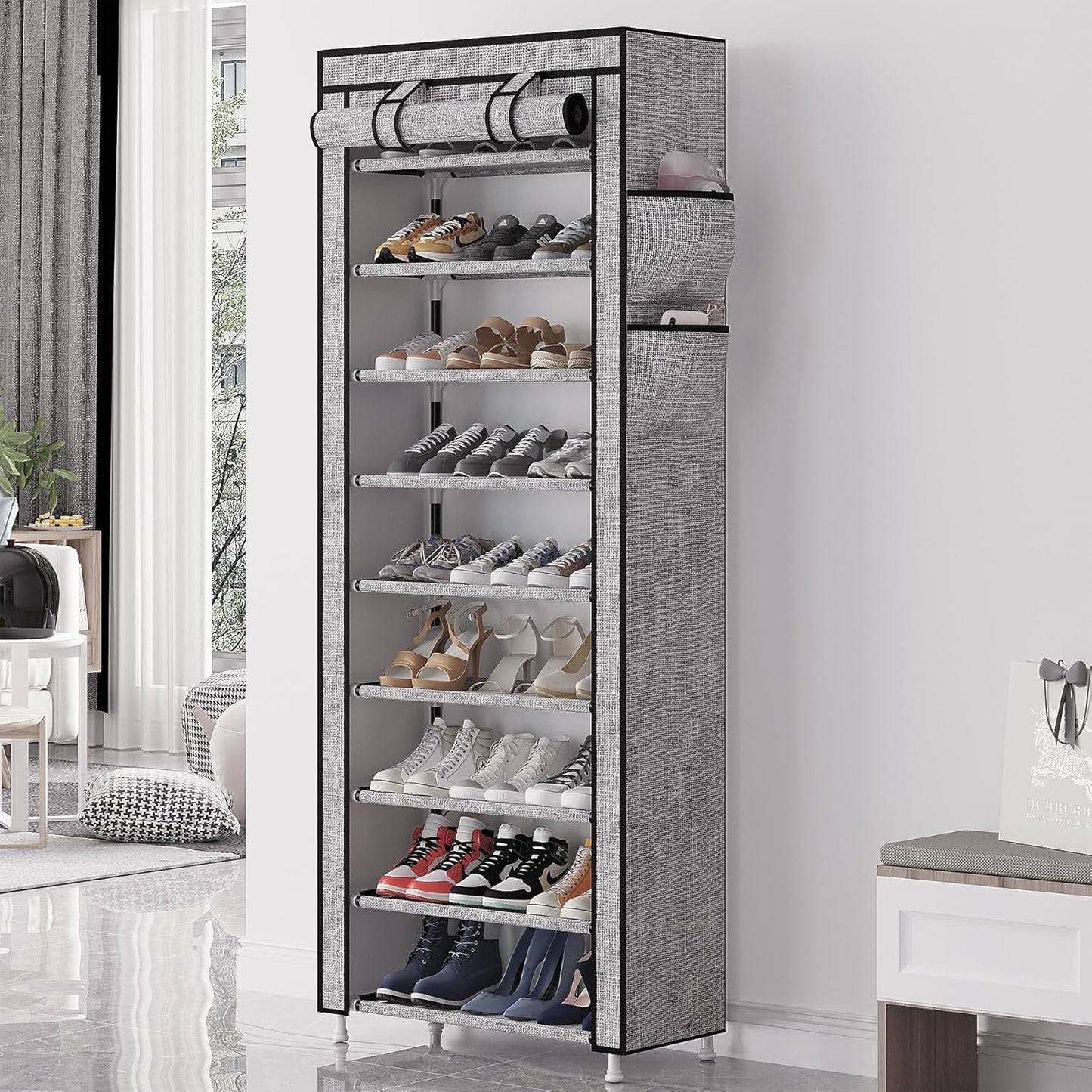 Calmootey 9 Tier Shoe Rack Organizer,Portable Shoe Shelf with Nonwoven Fabric Cover for Closet Hallway,Bedroom,Entryway, Ash Grey