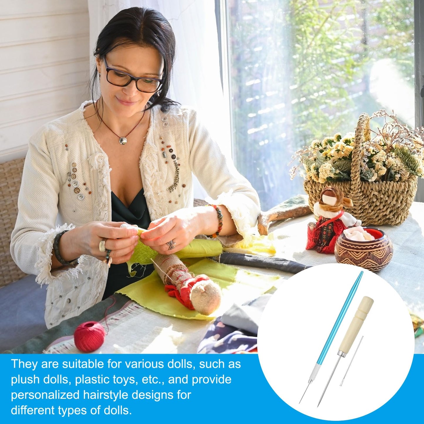 PATIKIL Doll Hair Rooting Holders Kit, 0.8mm Doll Hair Rerooting Knitting Needles with Wood Awls Crochet Hooks Doll Wig Tool for Doll Hair Making Supplies DIY Crafts, Blue