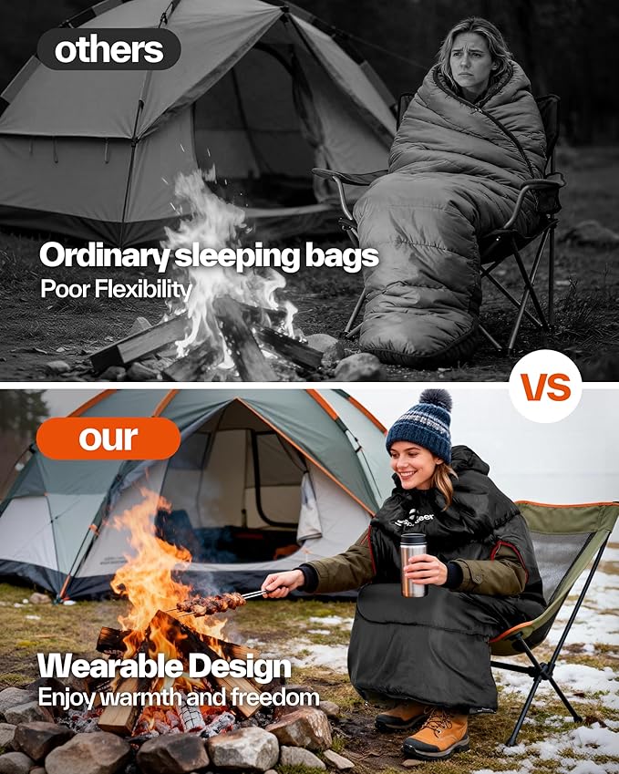 Sportneer 0 Degree Wearable Sleeping Bag for Adults & Kids – Walkable with Arm Zippers, Waterproof & Warm, Compact for Camping, Stadiums, Travel, Backpacking & Car Use